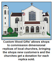 Custom Wood Gifts' allows shops to commission dimensional replicas of local churches, bringing the shops new customers and the churches get a donation for each replica sold.