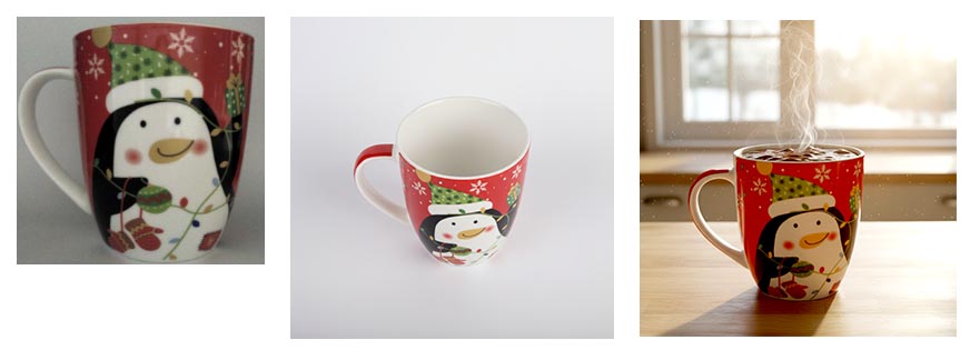 A product photo taken with bad lighting and composition, followed by an A.I. improved version, and finally an enhanced lifestyle image of the same product.